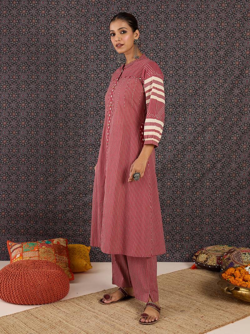 Red printed cotton kurta trouser set