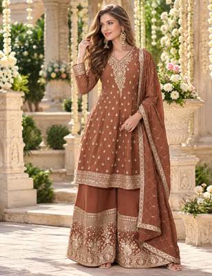 Brown georgette readymade suit with embroidery & sequence work 1