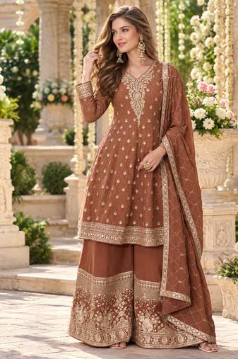 Brown georgette readymade suit with embroidery & sequence work