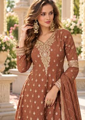 Brown georgette readymade suit with embroidery & sequence work 2