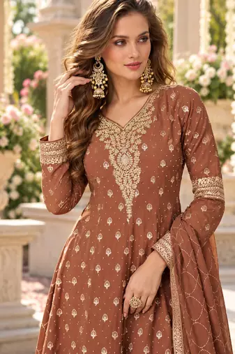 Brown georgette readymade suit with embroidery & sequence work