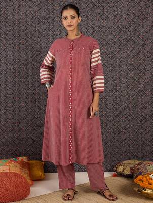 Red printed cotton kurta trouser set 4