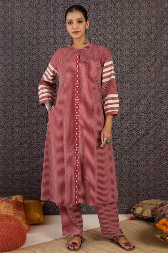 Red printed cotton kurta trouser set