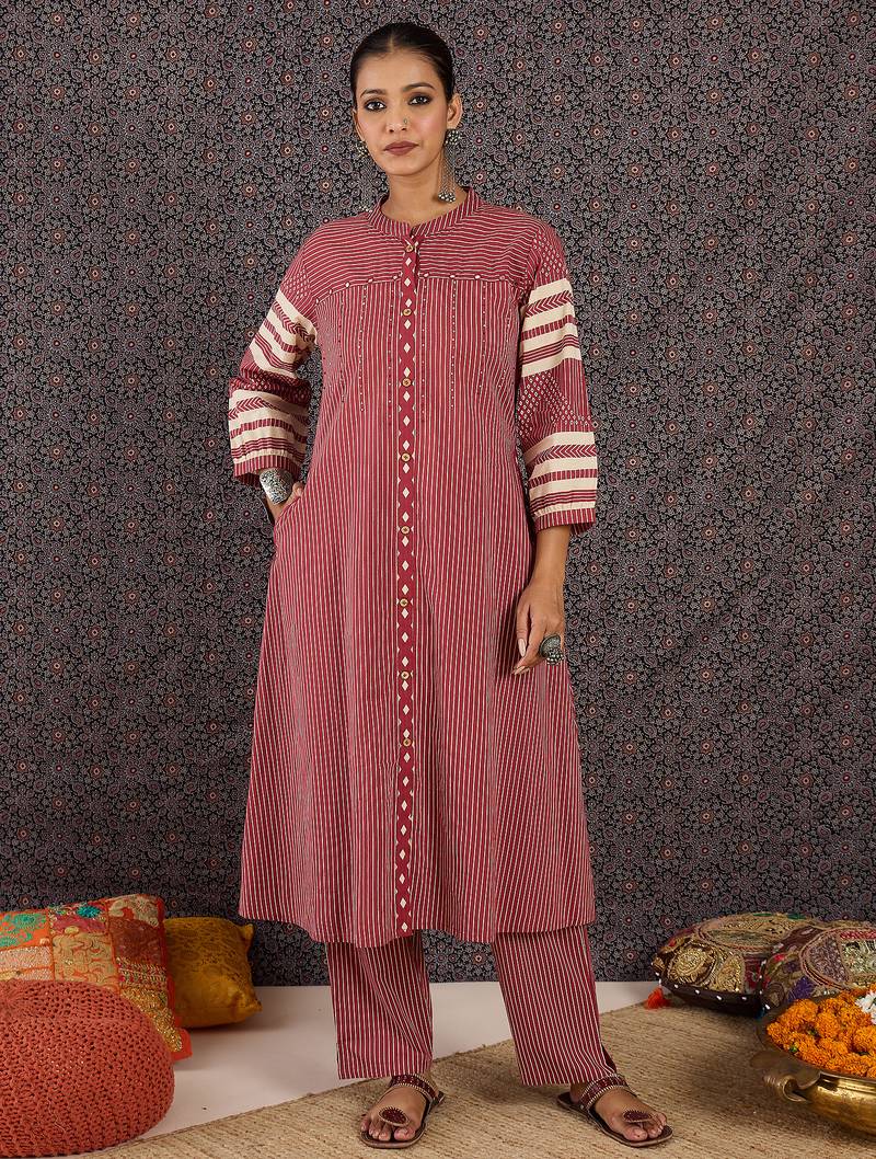Red printed cotton kurta trouser set