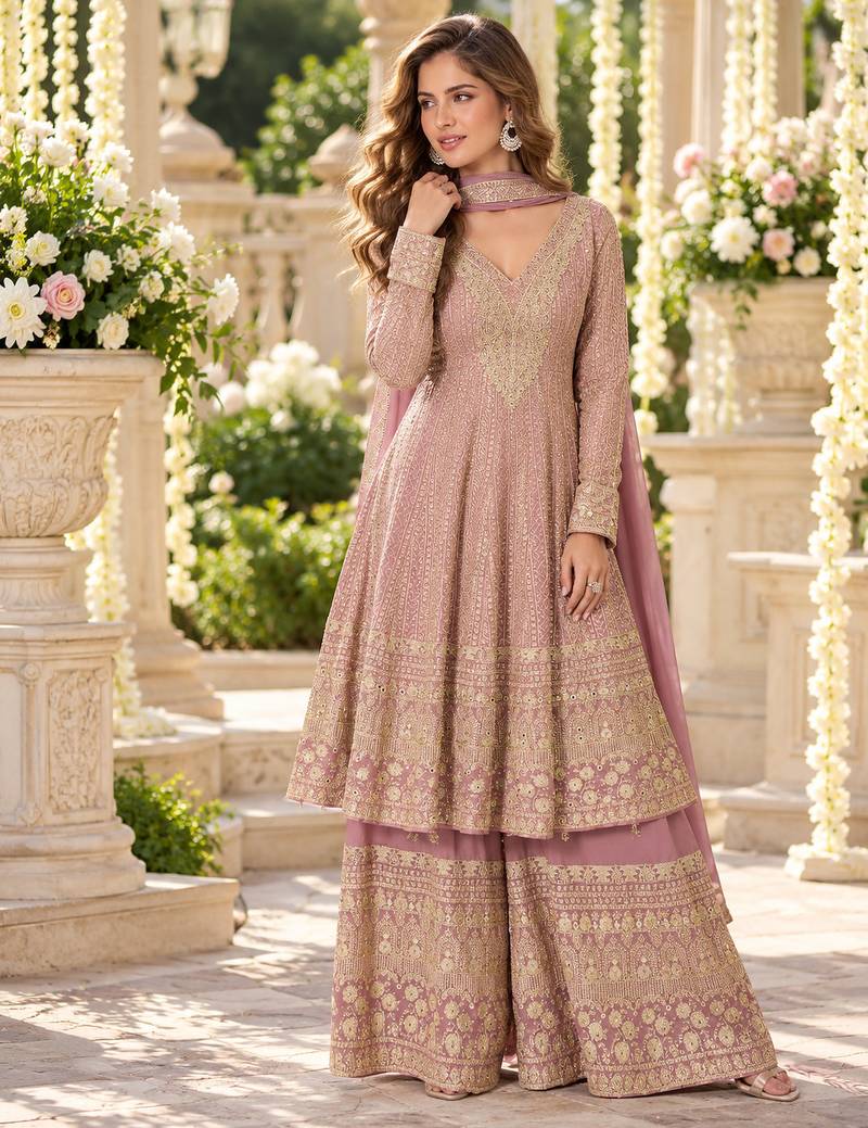 Lavender georgette readymade suit with embroidery & sequence work