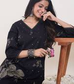 Black printed cotton kurta trouser set