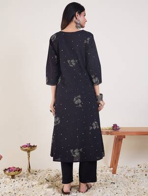 Black printed cotton kurta trouser set 2
