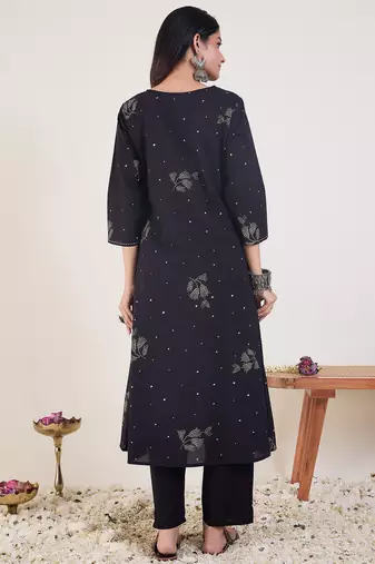 Black printed cotton kurta trouser set