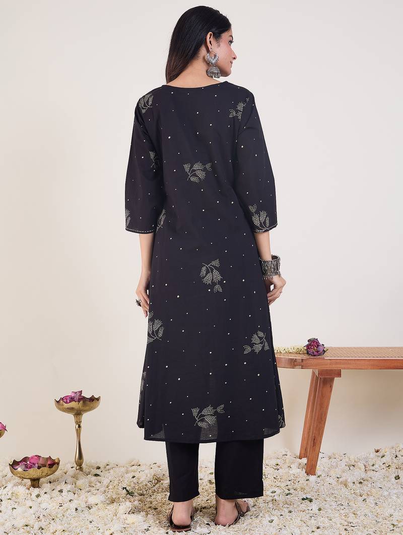 Black printed cotton kurta trouser set