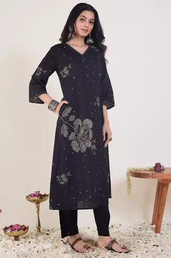Black printed cotton kurta trouser set