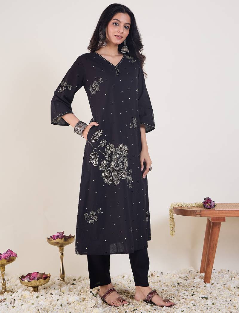 Black printed cotton kurta trouser set