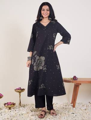 Black printed cotton kurta trouser set 4