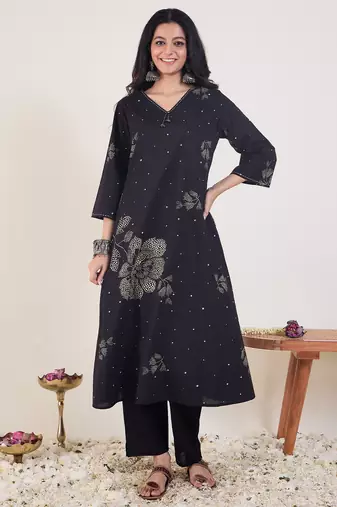 Black printed cotton kurta trouser set