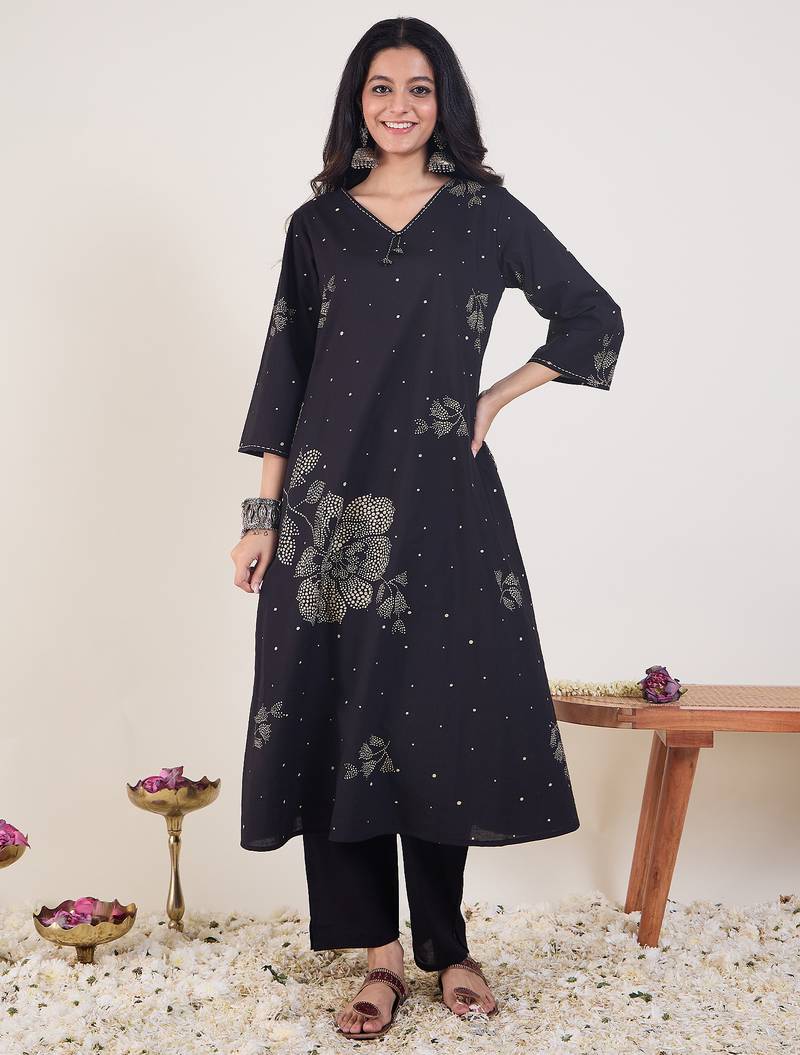Black printed cotton kurta trouser set