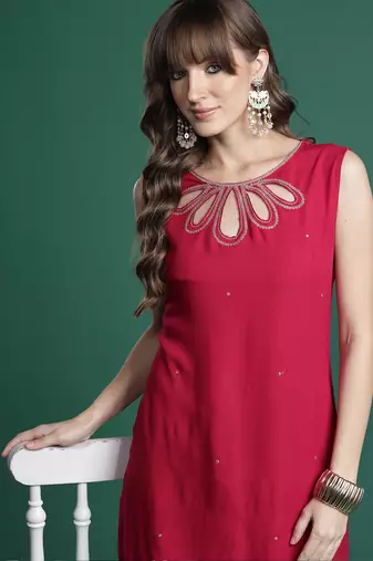 Pink printed viscose rayon kurta trouser set