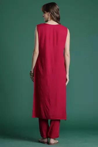 Pink printed viscose rayon kurta trouser set