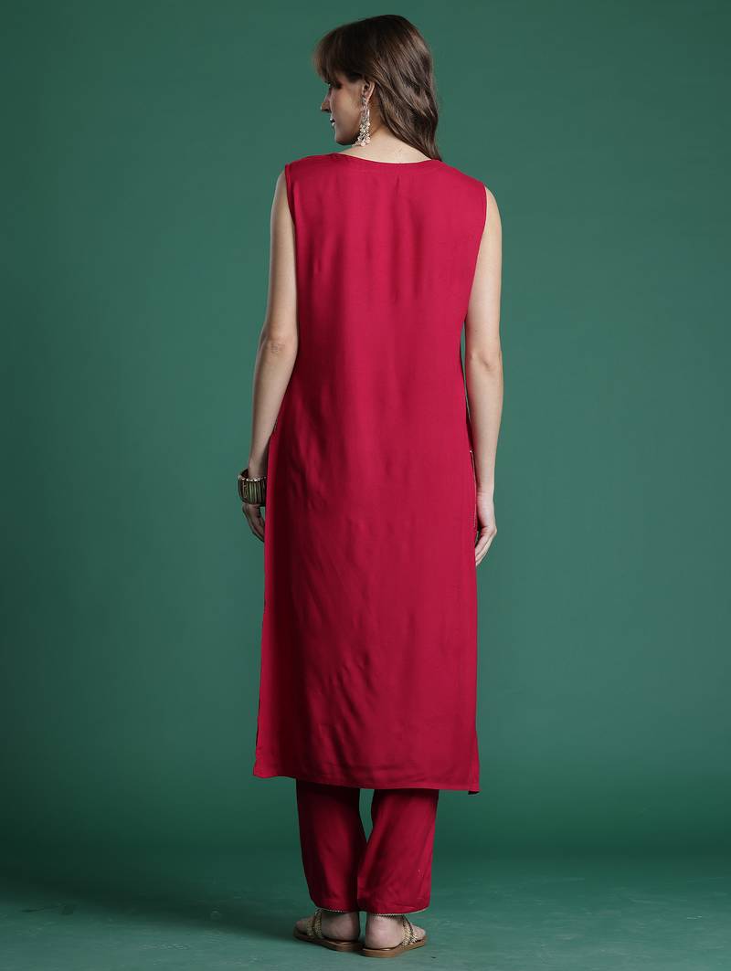 Pink printed viscose rayon kurta trouser set