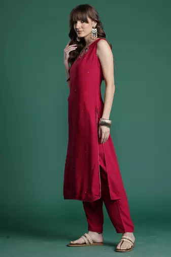 Pink printed viscose rayon kurta trouser set