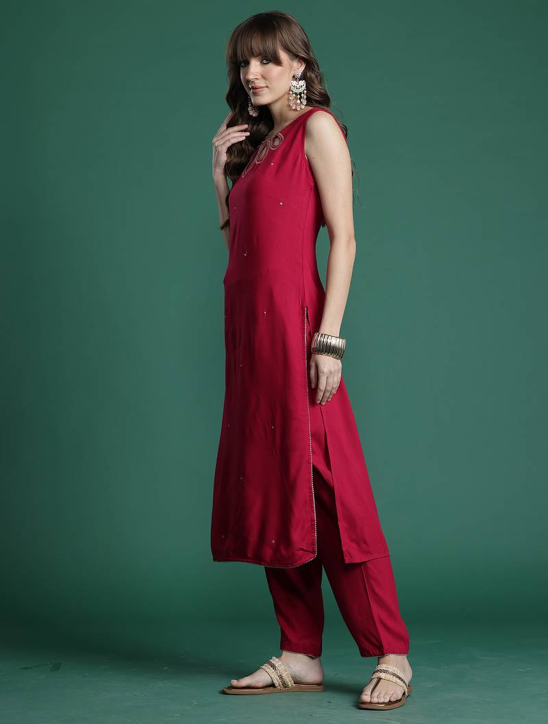 Pink printed viscose rayon kurta trouser set