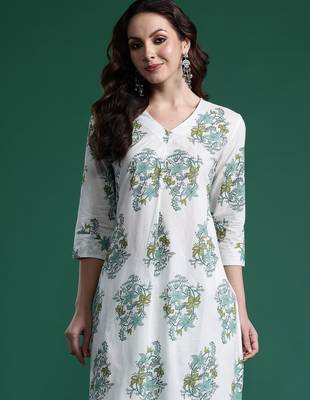 White printed cotton kurta trouser set 1