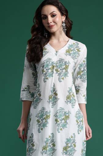 White printed cotton kurta trouser set