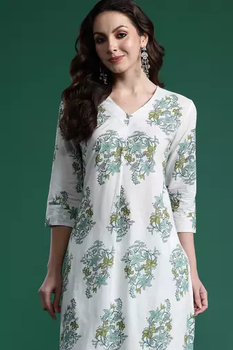 White printed cotton kurta trouser set