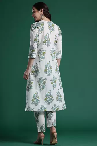 White printed cotton kurta trouser set