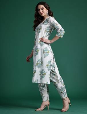 White printed cotton kurta trouser set 3