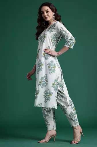 White printed cotton kurta trouser set