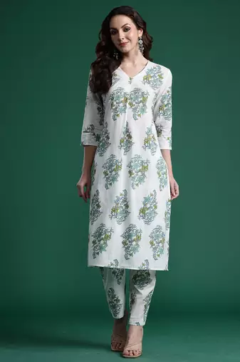 White printed cotton kurta trouser set