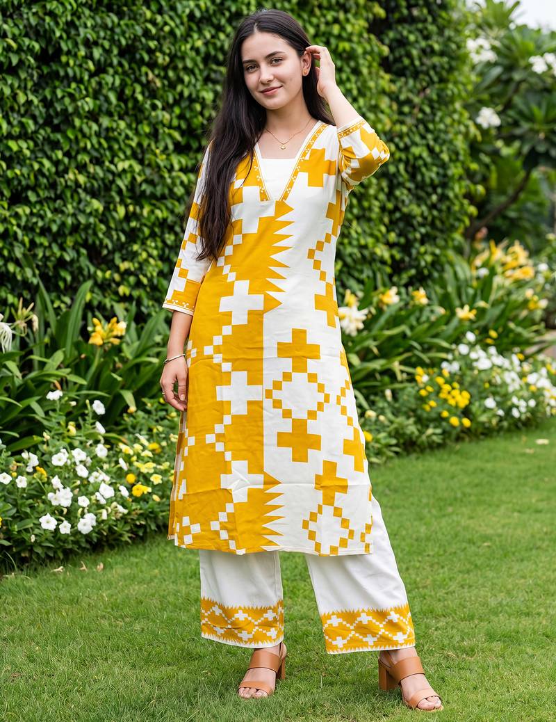 Multicolor printed viscose rayon kurta trouser set