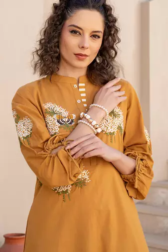 Mustard embroidered cotton kurta trouser set
