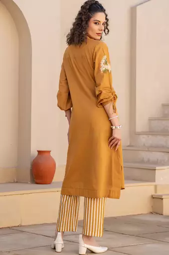 Mustard embroidered cotton kurta trouser set