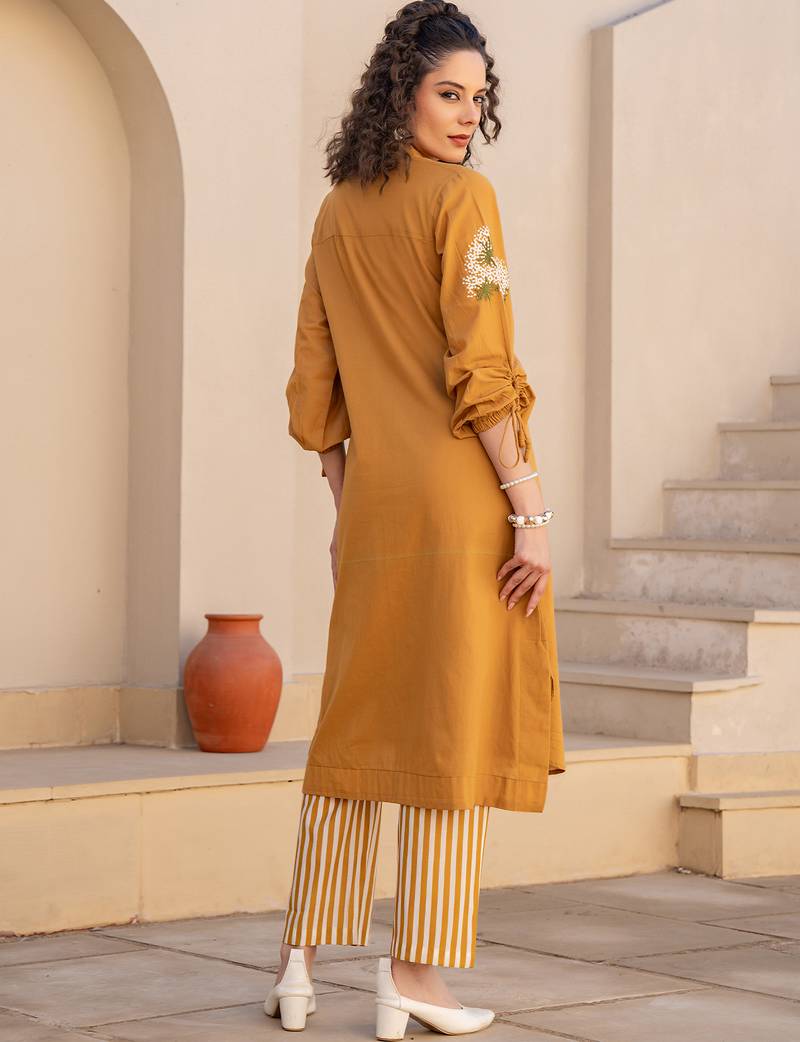 Mustard embroidered cotton kurta trouser set