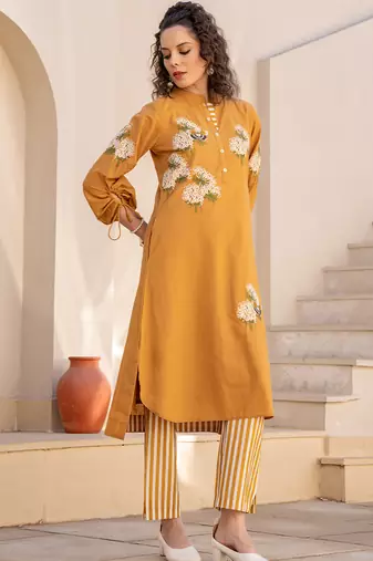Mustard embroidered cotton kurta trouser set