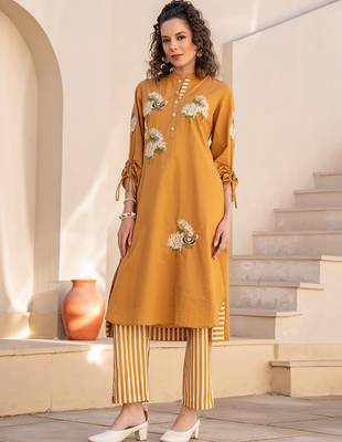 Mustard embroidered cotton kurta trouser set 4