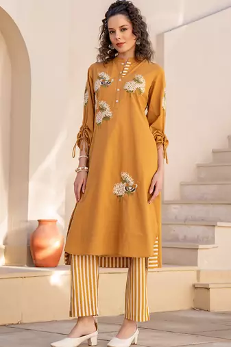 Mustard embroidered cotton kurta trouser set
