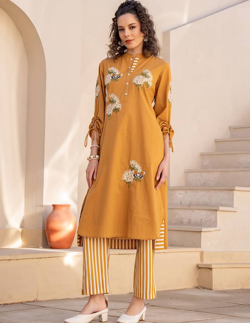Mustard embroidered cotton kurta trouser set