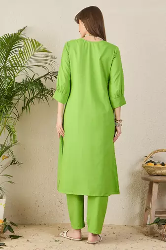 Green printed cotton kurta trouser set