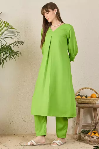 Green printed cotton kurta trouser set