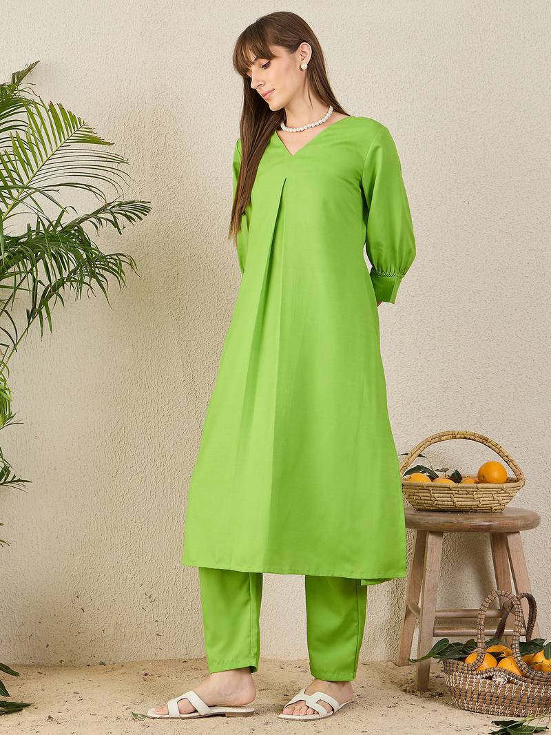 Green printed cotton kurta trouser set