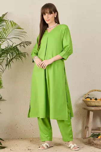 Green printed cotton kurta trouser set