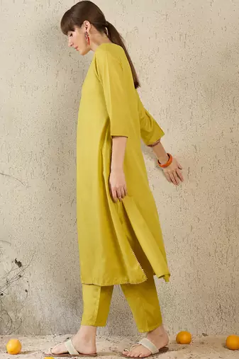 Olive printed cotton kurta trouser set