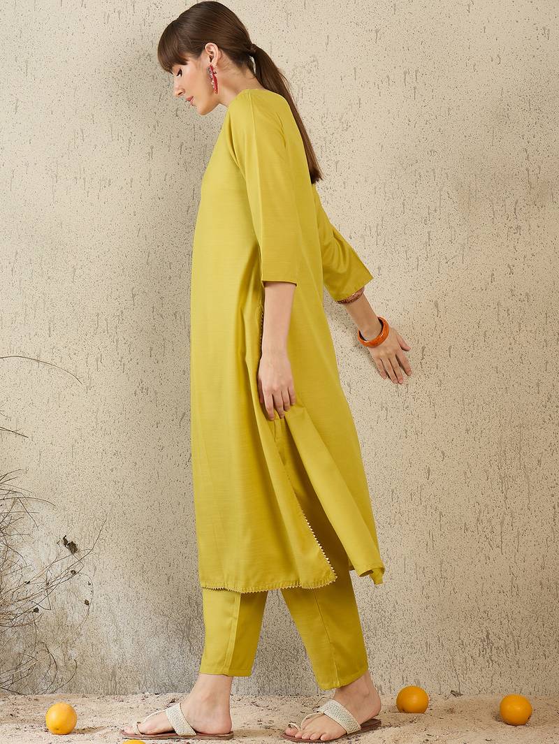 Olive printed cotton kurta trouser set