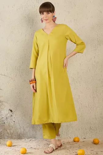 Olive printed cotton kurta trouser set