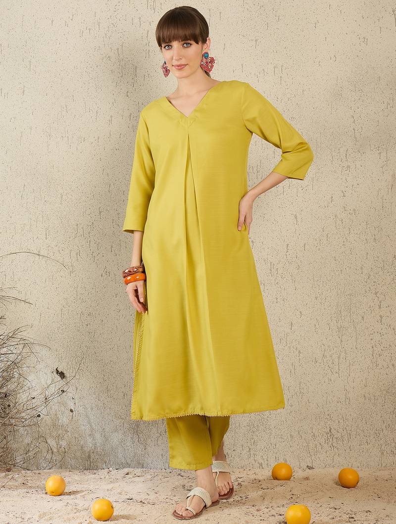 Olive printed cotton kurta trouser set