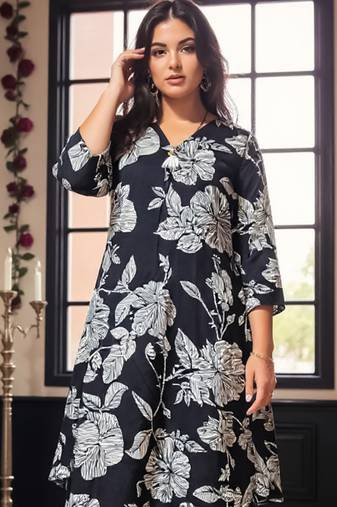 Black printed cotton kurta trouser set