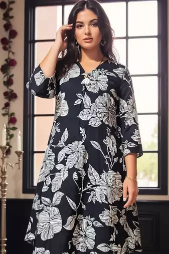 Black printed cotton kurta trouser set