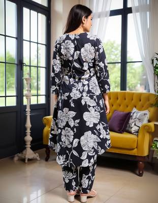 Black printed cotton kurta trouser set 2