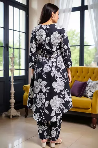 Black printed cotton kurta trouser set